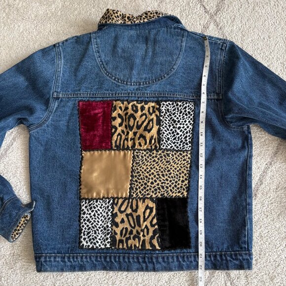 Agapo Denim Jacket Leopard Print & Patchwork 90s Y2K Statement Jean Jacket - Picture 5 of 7